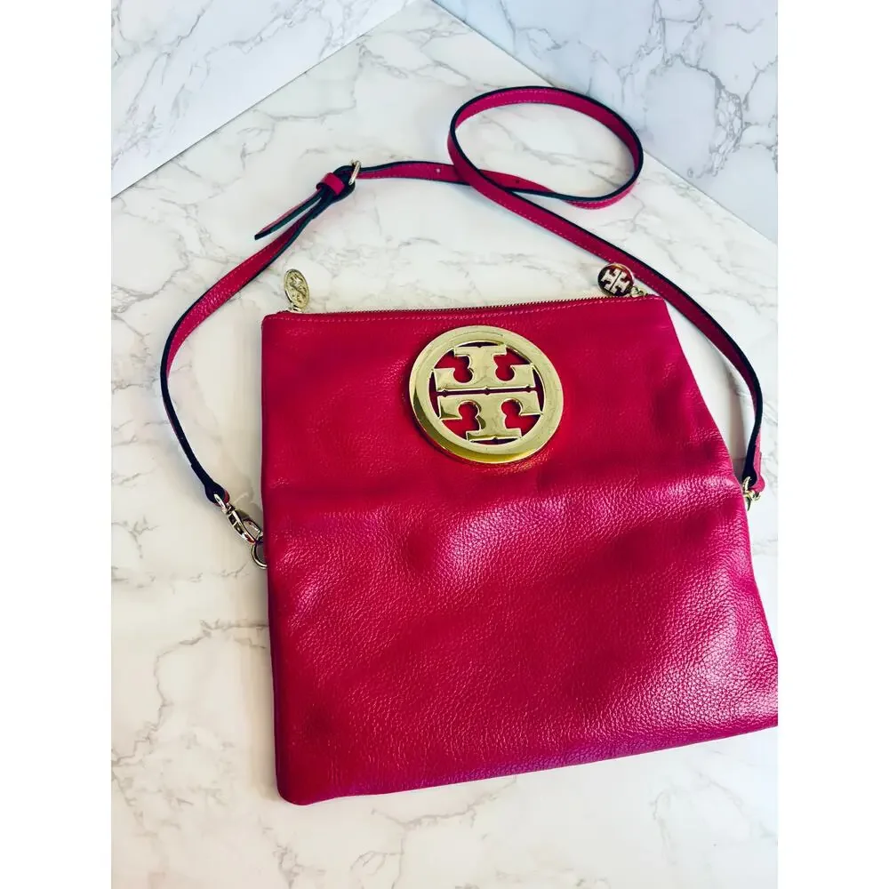 TORY BURCH Amanda Foldover Clutch Crossbody w/Pink Leather w/Golden Accents, EUC